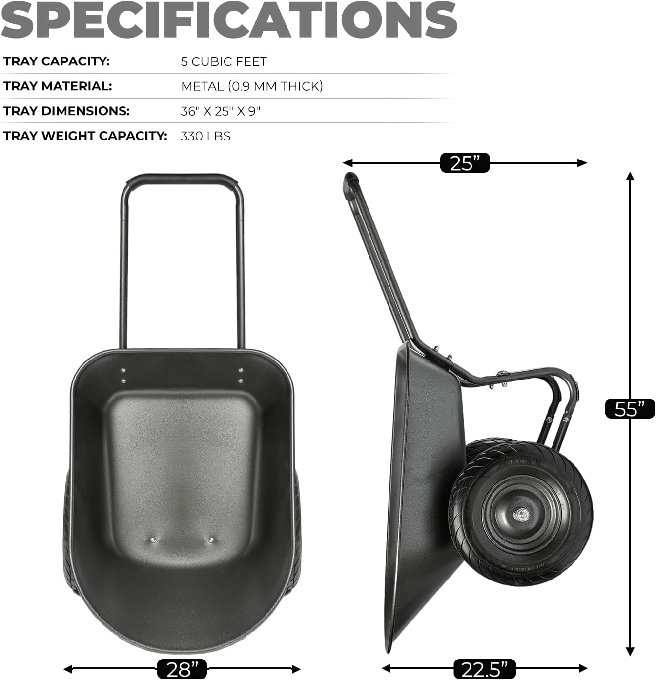 XtremepowerUS Utility Garden Wheelbarrow Garden Cart Dual-Wheel Built-in Stand Flat-Free 16" Tires 330 LBS Capacity 5 cu/ft. Metal Tray