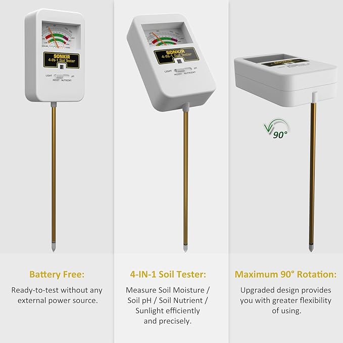 Soil Moisture Meter, 4-in-1 Soil Ph Meter, Soil Tester for Nutrients, Moisture, PH and Light, Soil Ph Test Kits for Plant, Great for Garden, Lawn, Indoor & Outdoor Use (No Battery Required)