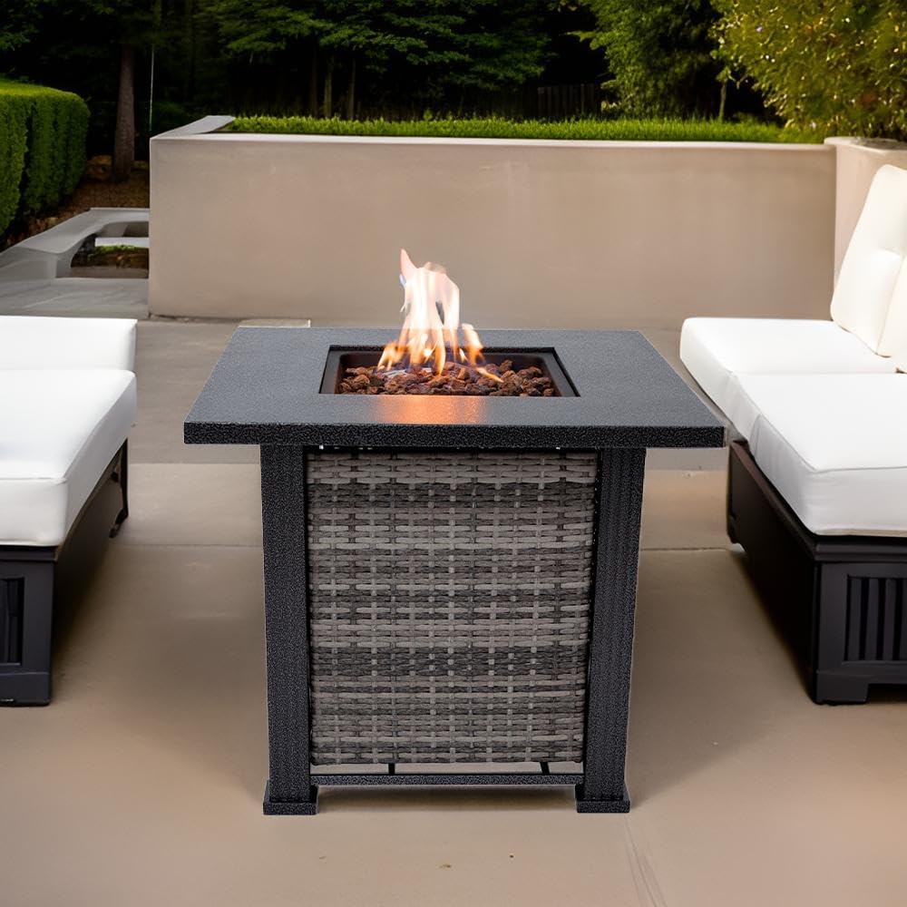 Adana Propane Fire Pit Table 28” Outdoor Firepit 50,000 BTU Firepits for Outside with Lava Rocks and Removable Lid Metal Fire Pit Outdoor Fireplace Propane Fire Pits for Outside CSA Certified