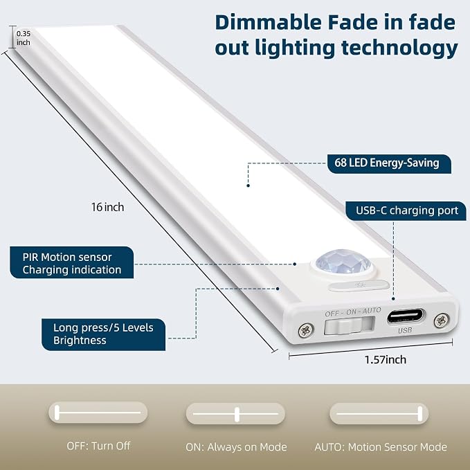 16inch Under Cabinet Lighting, 4 Pack Rechargeable Motion Sensor Light Indoor - Image 5
