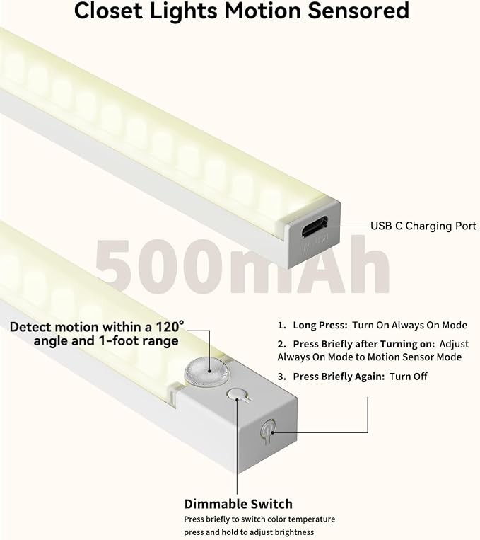 Under Cabinet Lighting 8 Inches Rechargeable Motion Sensor Light Indoor - Image 3
