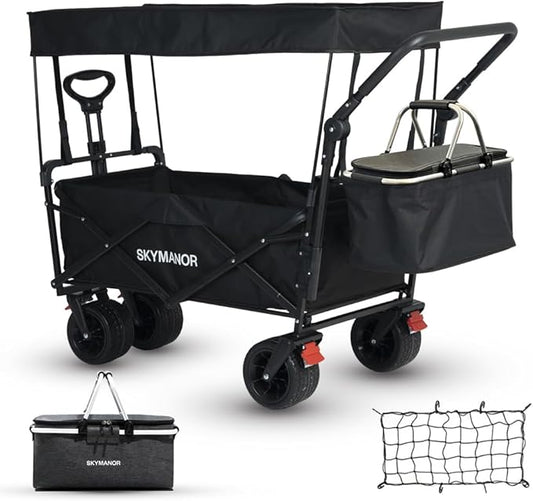 SKYMANOR Collapsible Wagon with Removable Canopy, 3-in-1 Heavy Duty Garden Cart with Big All-Terrain Wheels, Brakes, Adjustable Push Pull Handle, Cooler Bag, 300LBS Wagon Cart for Camping (Black)
