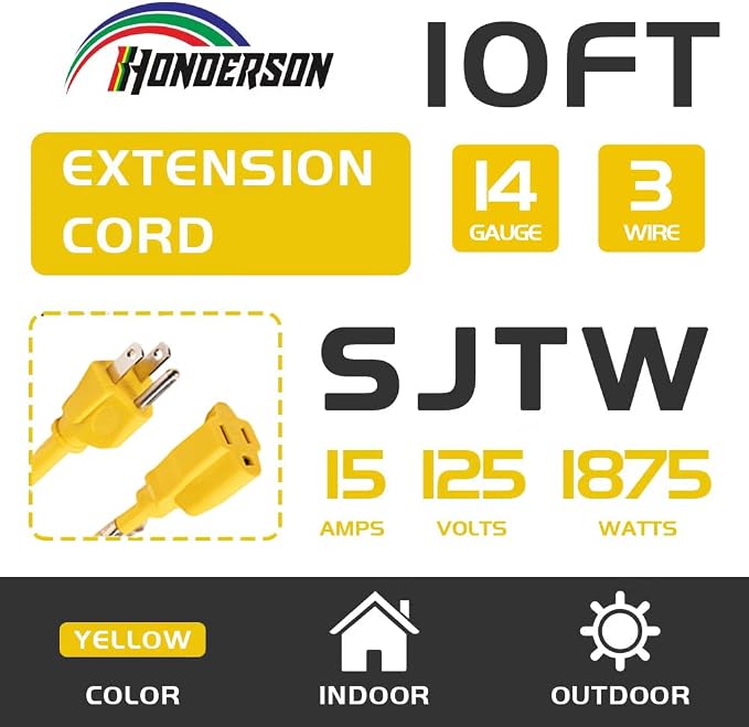 Indoor/Outdoor Extension Cord, 14 Gauge 10FT Yellow 3 Prong Heavy Duty - Image 2