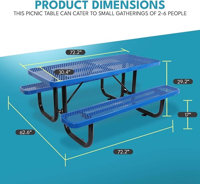 6 ft. Rectangular Outdoor Steel Picnic Table with Umbrella Pole, Heavy-Duty Weather-Resistant Dining Table for Patio, Backyard, and Garden, Rust-Resistant Finish, Blue