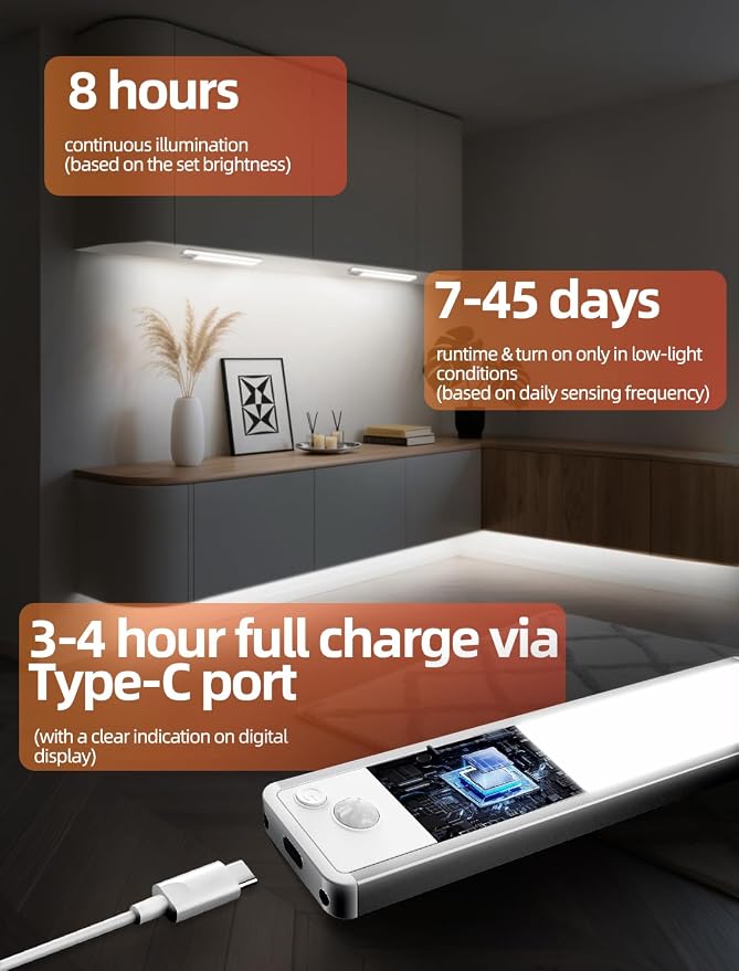 Under Cabinet Lighting: 12 Inch 3-Color Dimmable Rechargeable Motion Sensor - Image 4