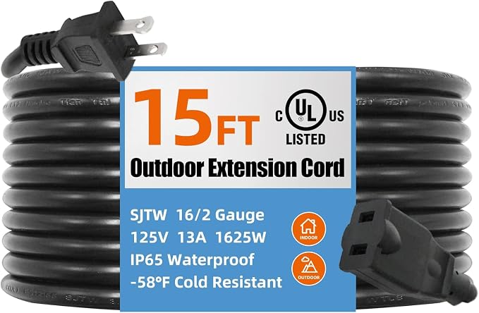 UL Listed Outdoor Extension Cord 2 Prong 15 FT SJTW 16/2 Gauge 13A 125V 1625W by TooCust