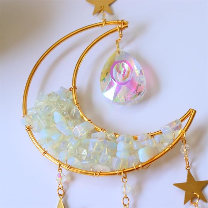 Crystal Suncatcher Hanging Moon Sun Light Catcher with Glass Prisms for Window Natural White Spar Crystal Decor Home Indoor Making Rainbows