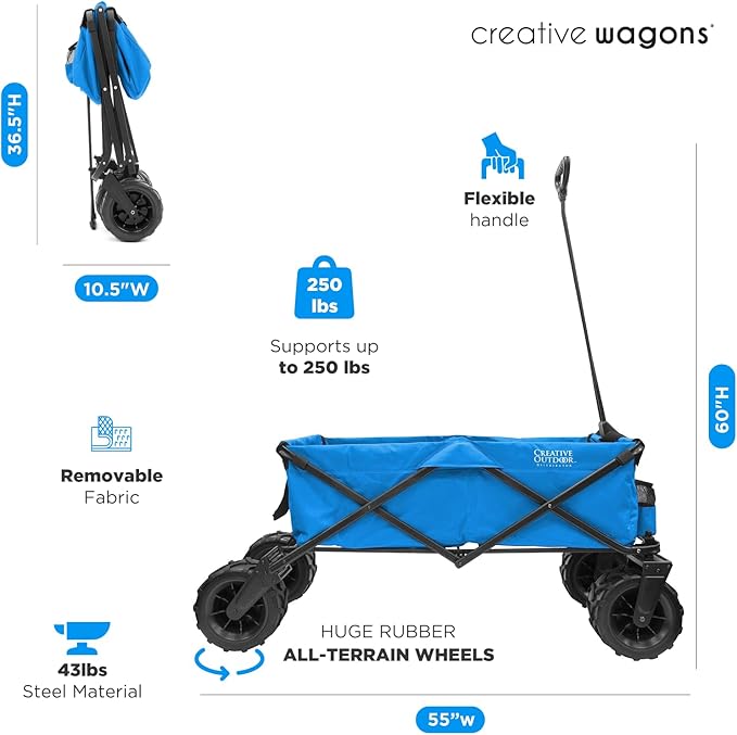 Creative Outdoor Push Pull Stroller Wagon for Kids, 250lbs Weight Capacity, XXXL Monster Series, Collapsible Giant All-Terrain Folding Cart, Beach, Park, Camping, Garden & Tailgate (Blue)