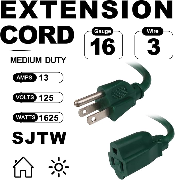 EP 25FT Green Outdoor Extension Cord, 16/3 SJTW Heavy Duty Waterproof, 3 Prong - Image 2