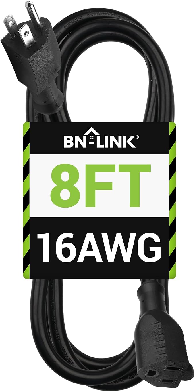 BN-LINK 8 ft Indoor/Outdoor Extension Cord 16/3 SJTW, Water & Weather Resistant by BN-LINK
