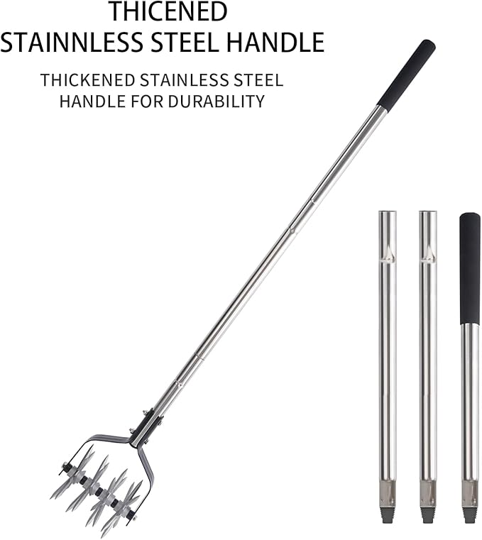 Rotary Cultivator Tool, Adjustable Garden Hand Tiller Cultivator, Long Handle Rotary Cultivator, Aerate, Weed, Plant, Garden Cultivator for Soil Mixing or Reseeding Grass