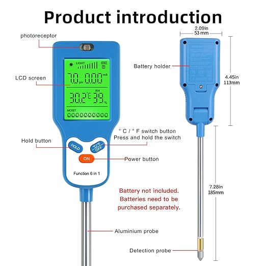 6-in-1 Soil Moisture Meter Digital PH Meter/Soil Moisture/Plant Temperature/Sunlight Intensity, Backlight LCD Display, Soil Test Meter for Garden, Lawn, Plant Care (Blue)