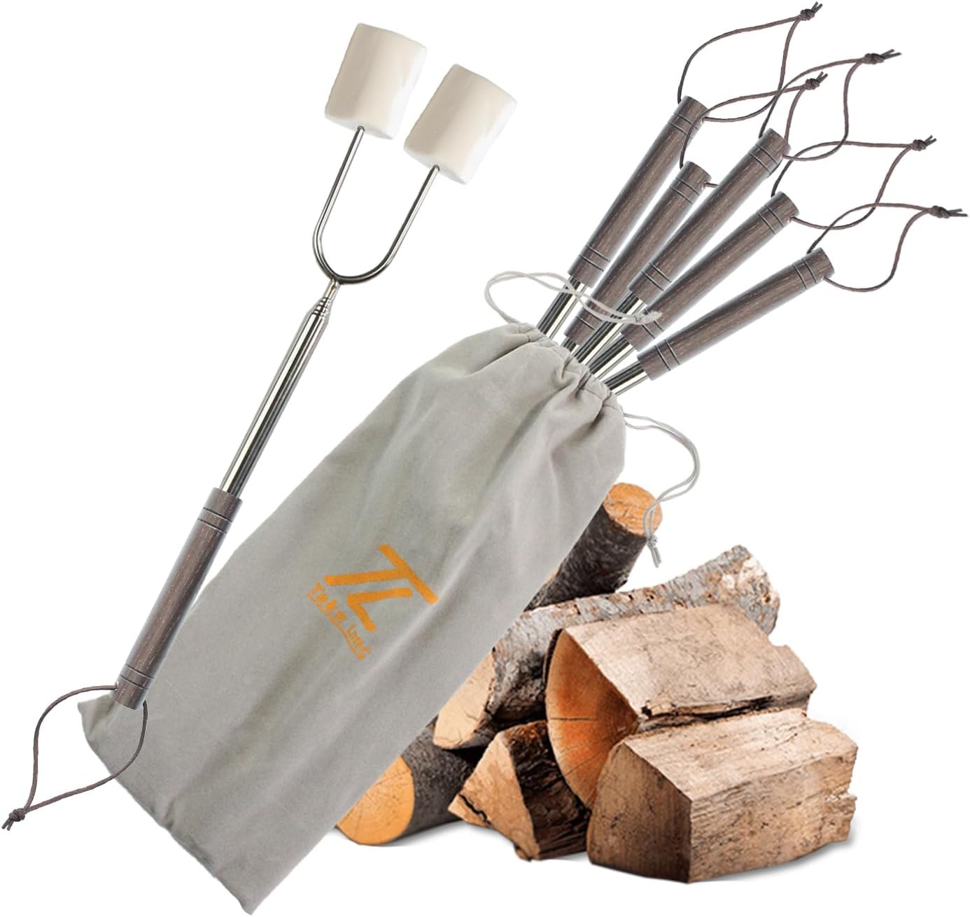 Marshmallow Roasting Sticks for Fire Pit with Wooden Handle, 41 Inches Long, Telescoping SUS304 Stainless Steel Marshmallow Skewers, Extendable Hog Dog Campfire Roasting Sticks, Camping Accessories