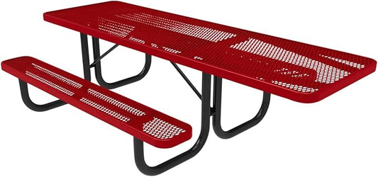 Coated Outdoor Furniture Heavy-Duty Portable ADA-Compliant Outdoor Picnic Table, Expanded Metal Patio Dining Furniture Made in America (8ft Rectangular, One-Side Handicap, Textured Red)