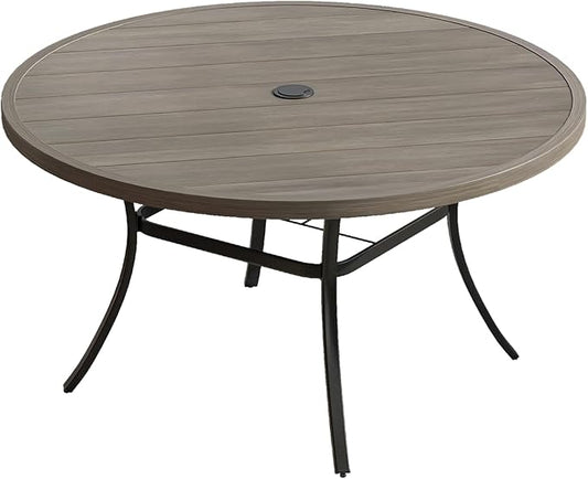 VICLLAX 53" Outdoor Round Patio Table for Lawn Garden, All Weather Metal Round Patio Dining Table with Adjustable Umbrella Hole, Patio Table for 8 Person, Grey Wood-Like Tabletop
