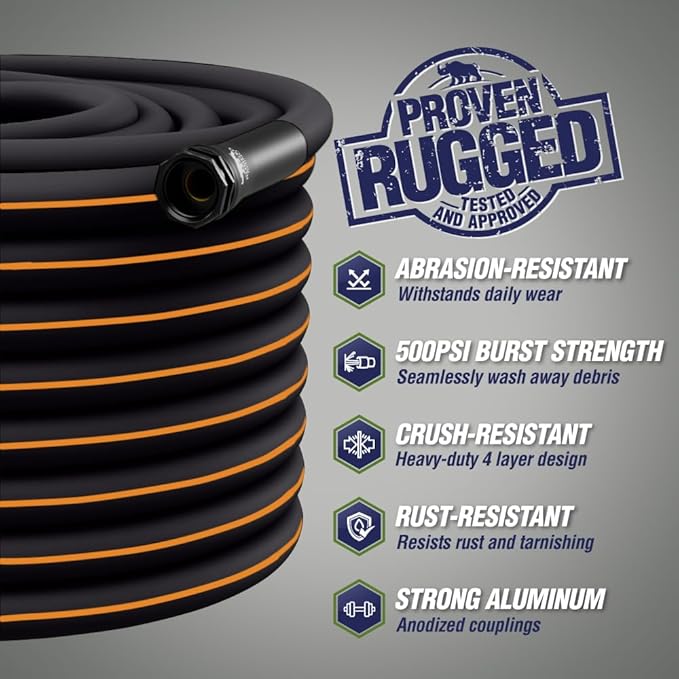 Rugged Rhino Heavy Duty Flexible Light Weight Garden Hose, 75ft x 5/8in, 4 Layer Leakproof Outdoor Gardening Tools, Watering Supplies, Powerful Water Pressure for Lawn, Flowers, Black Orange
