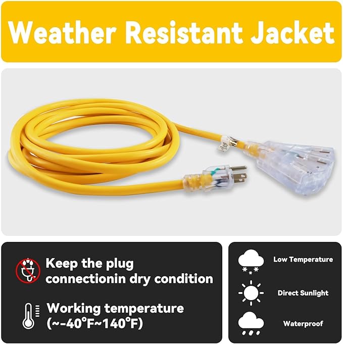 EP 12 Ft 12 Gauge Heavy Duty Extension Cord, 15A 125V 1875W, 3 Outlet - Image 5