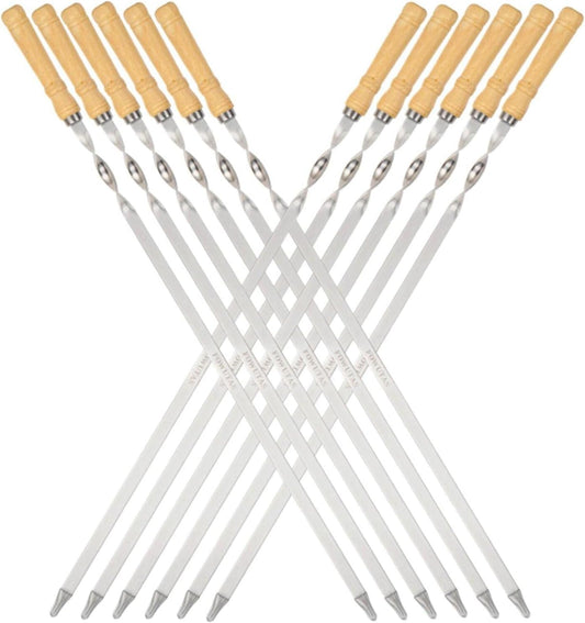 Large Size Kabob Skewers Flat Metal BBQ 22" Barbecue Skewer Wooden Handle Stainless Steel Shish Kabob Stick Wide Reusable Grilling Set Meat Shrimp Chicken Vegetable Kebab Fork Sausage-12PCS