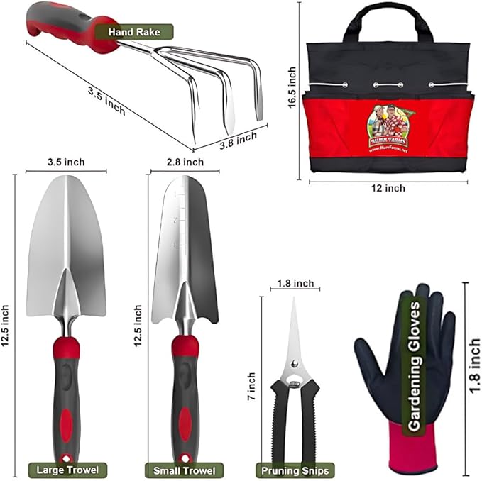 7pc Stainless Steel Heavy Duty Tool Set with Non-Slip Rubber Grip, Garden Gloves and Storage Tote Bag