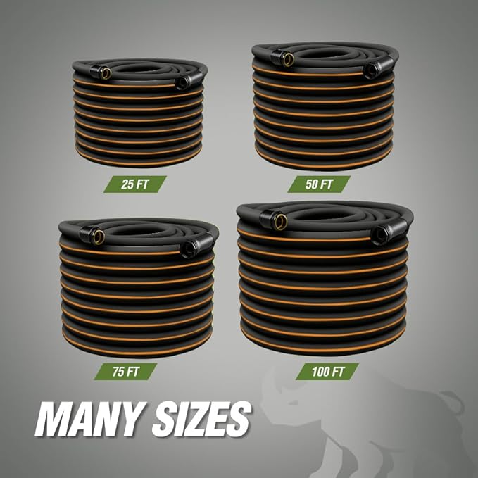 Rugged Rhino Heavy Duty Flexible Light Weight Garden Hose, 75ft x 5/8in, 4 Layer Leakproof Outdoor Gardening Tools, Watering Supplies, Powerful Water Pressure for Lawn, Flowers, Black Orange