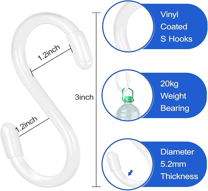 DINGEE 30 Pack 3 Inch White S Hooks, Vinyl Coated Heavy Duty S Hook - Image 2