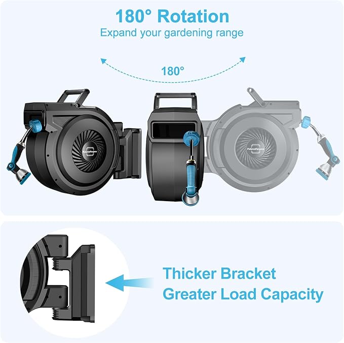 Retractable Garden Hose Reel - 5/8 inch x 70 ft Wall Mounted Hose Reel with 10 Pattern Nozzle & Any Length Lock, Heavy Duty Water Hose Supports Automatic Rewind & 180° Swivel, Black