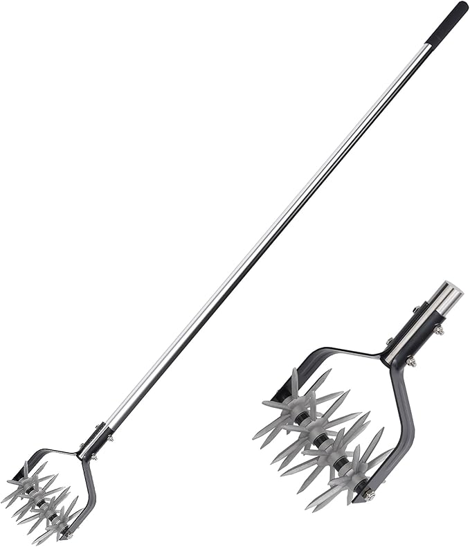 Rotary Cultivator Tool, Adjustable Garden Hand Tiller Cultivator, Long Handle Rotary Cultivator, Aerate, Weed, Plant, Garden Cultivator for Soil Mixing or Reseeding Grass