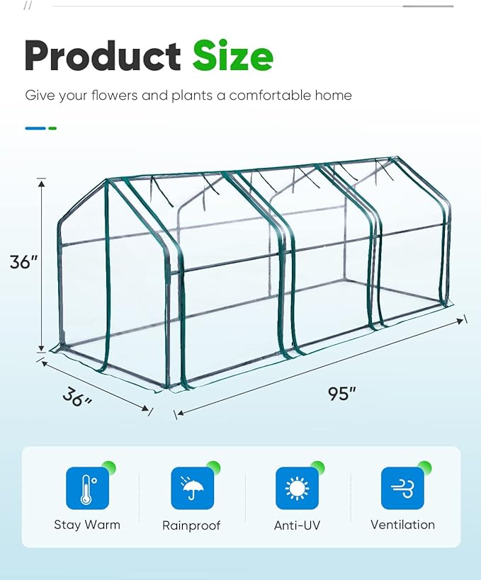 Quictent Portable Mini Cloche Greenhouse w/ Elevated Bottom, Reinforced High Light Transmission Waterproof UV-Resistant Hot House for Indoor Outdoor, w/ 50 T-Shaped Plant Tag, 95" x 36" x 36" (Clear)