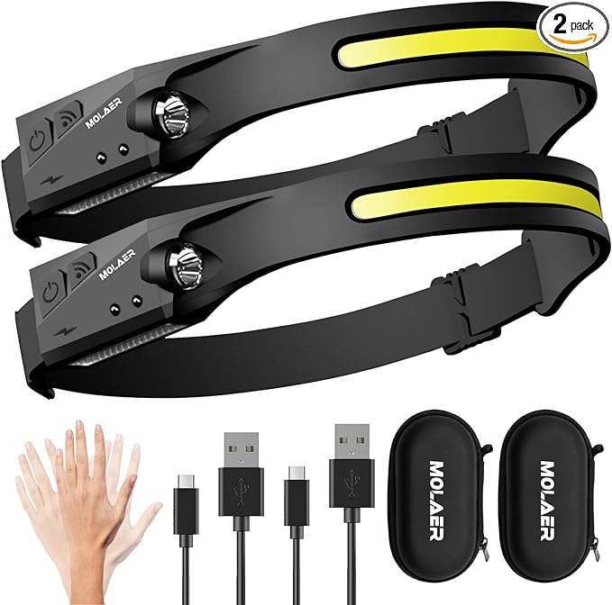 LED Headlamp Rechargeable Flashlight, Lightweight, Weatherproof, 2 Light Source by MOLAER