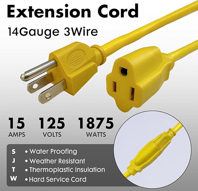 1ft Yellow Extension Cord Waterproof, UL Listed, 14/3 SJTW Heavy Duty 3 Prong - Image 2