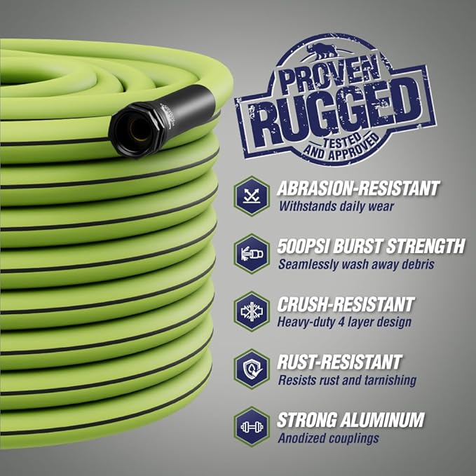 Rugged Rhino Heavy Duty Flexible Light Weight Garden Hose, 25ft x 5/8in, 4 Layer Leakproof Outdoor Gardening Tools, Watering Supplies, Powerful Water Pressure for Lawn, Flowers, Green Black