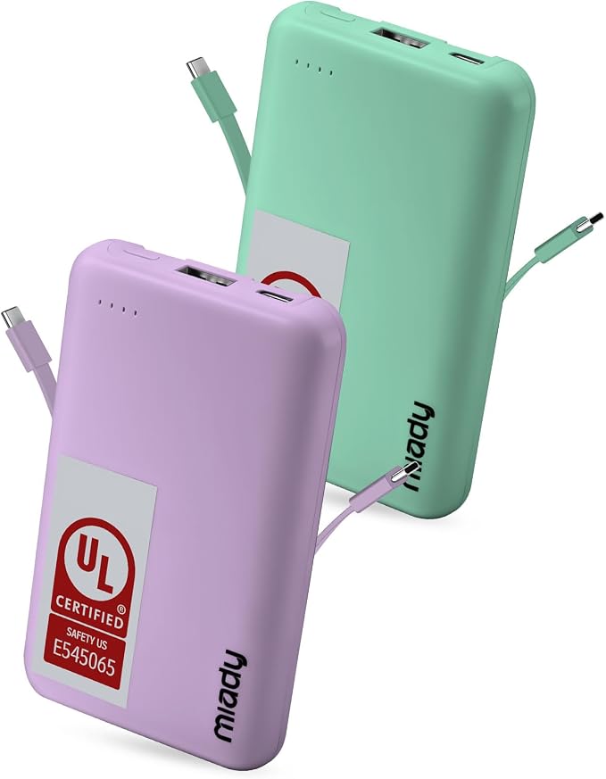 Miady 2-Pack Small Portable Charger UL Listed, 5000mAh Slim Power Bank Built-in by Miady