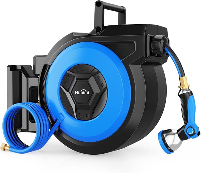 Retractable Garden Hose Reel, 5/8" x 90FT Automatic Retractable Water Hose Reel Wall Mount, with 10- Function Sprayer Nozzle, Any Length Lock/Auto Rewind/180°Swivel