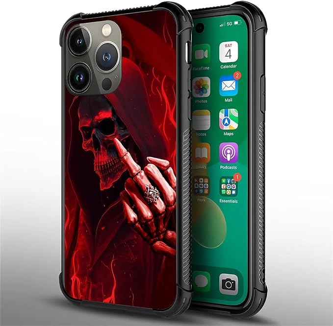 for iPhone 13 Pro Case, Gestures Funny Skull Pattern Graphic Design Girl Boy - Image 6