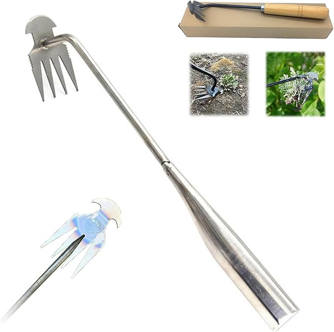 Weeding Artifact Uprooting Garden Weeding Tool, Upgraded Weed Removal Tool, Stainless Steel/Manganese Steel Weed Puller Manual Weeders for Home Gardening Yard Farmland (12in Stainless Steel (4Teeth))