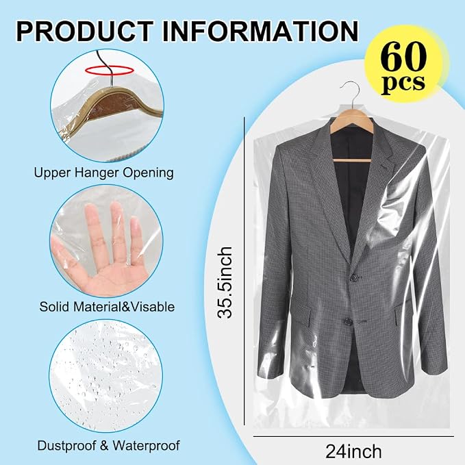BEISHIDA 60PCS 35.5 Inch Plastic Garment Bag-Plastic Clear Dry Cleaner Laundry - Image 2