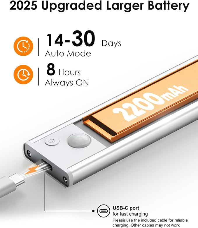 VerRon 10in Under Cabinet Lighting, Upgraded 2200mAh Rechargeable Under Cabinet - Image 3