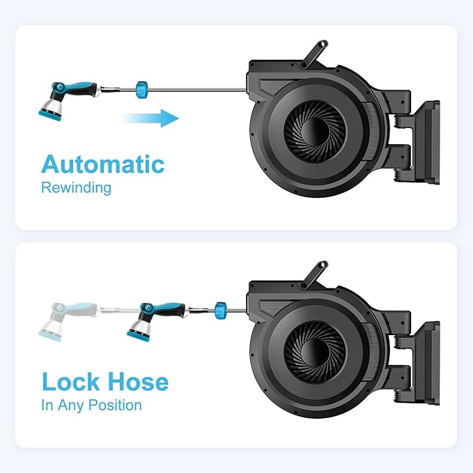 Retractable Garden Hose Reel - 5/8 inch x 60 ft Wall Mounted Hose Reel with 10 Pattern Nozzle & Any Length Lock, Heavy Duty Water Hose Supports Automatic Rewind & 180° Swivel, Black