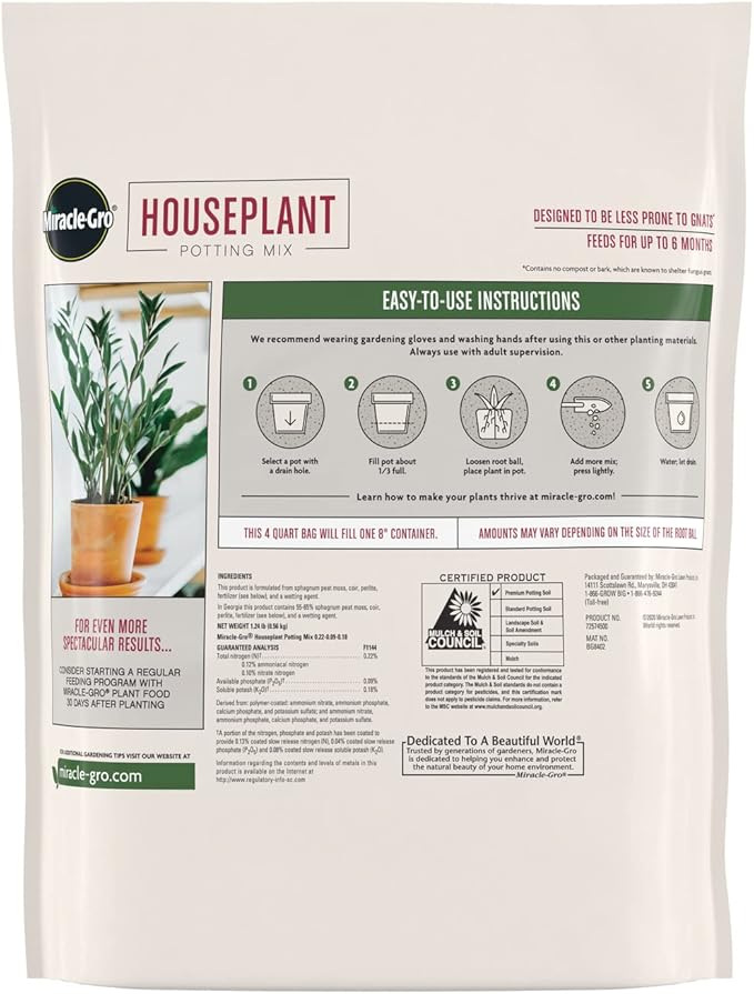 Miracle-Gro Houseplant Potting Mix - Fertilized Soil, Designed to be Less Prone to Gnats, 4 qt. (2-Pack)