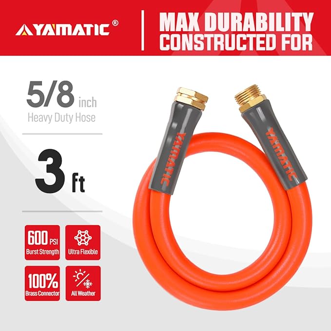 YAMATIC Female to Female Short Garden Hose 5/8 in x 3 ft, 2 in 1 Dual Use Heavy Duty Leader Hose with Solid Brass Connector, All-Weather Water Hose, Burst 600 PSI