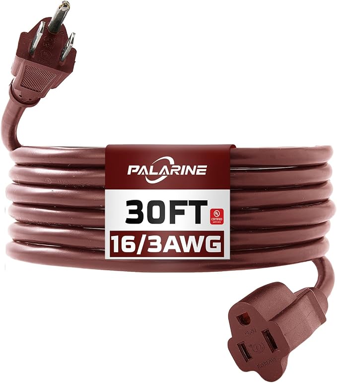 30ft Brown Outdoor Extension Cord Waterproof, UL Listed, 16/3 SJTW Heavy Duty 3 by PALARINE