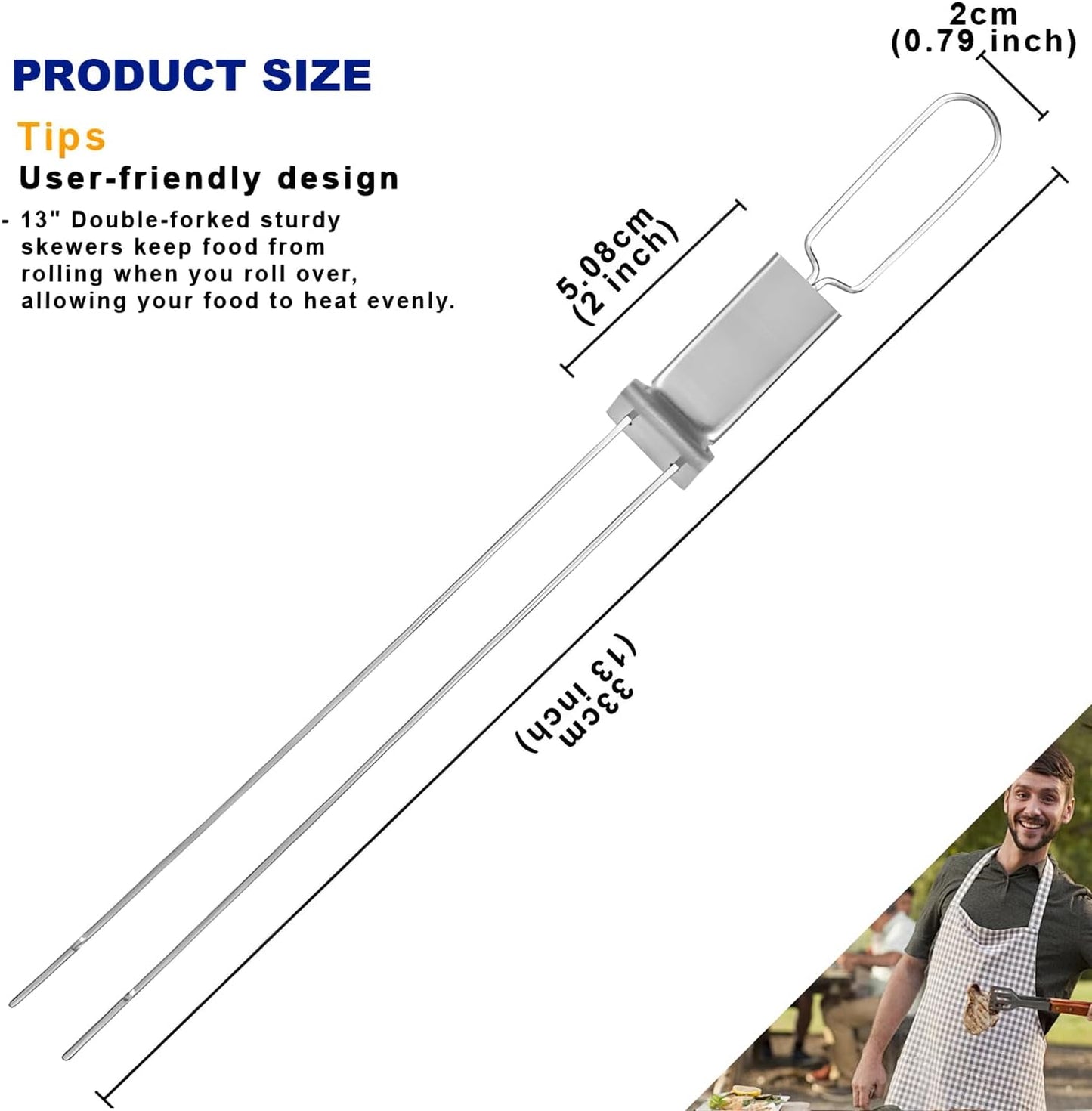 BBQ Skewers,Premium 304 Stainless Steel BBQ Skewers,13 Inch Heavy Duty Metal Kabob Sticks for Grilling, Reusable & Dishwasher Safe (Double fork8)