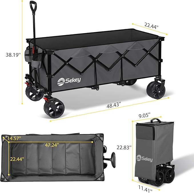 Sekey 48''L Collapsible Foldable Extended Wagon with 440lbs Weight Capacity, Heavy Duty 300L Folding Utility Garden Cart with Big All-Terrain Beach Wheels & Drink Holders. Grey