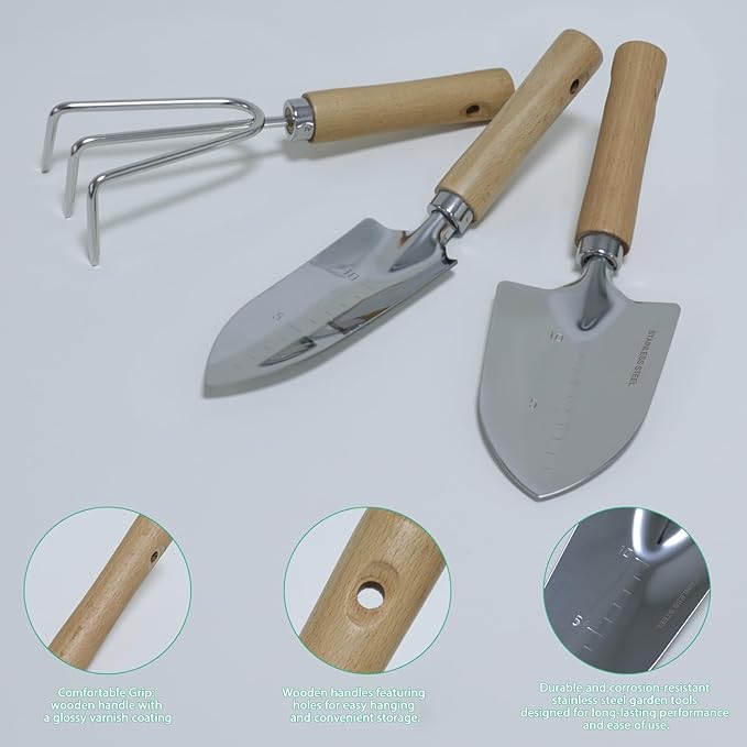 LeMotech Garden Tool Set, 3Pcs Stainless Steel Heavy Duty Gardening Kit Including Trowel Transplanter Cultivator Gardening Hand Tools with Beech Handle, Planting Tool for Women Men