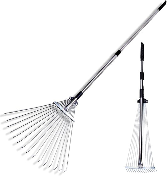 Adjustable Garden Metal Rake -32 to 63 Inch ,Hand Weed Collapsible Camping Landscape Dethatcher Rake for Leaves Shrub Yard Lawns,Leveling Yard Tool,Black