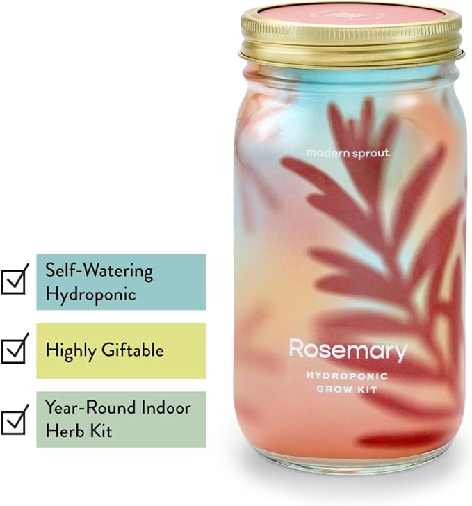 Modern Sprout Mason Garden Jar - Self-Watering Hydroponics Growing System Kit with Organic Herb Seeds - Jar Planter for Indoor Herb Garden - Seed Starter Kit - Home Decor & Gifting - Rosemary