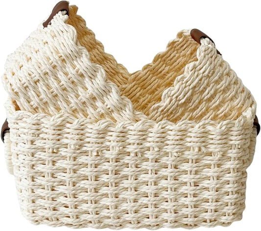 Small baskets for Organizing,Cute woven Storage basket with recycled paper rope for Shelves Bathroom,Little decorative basket,Set of 3 (Beige)