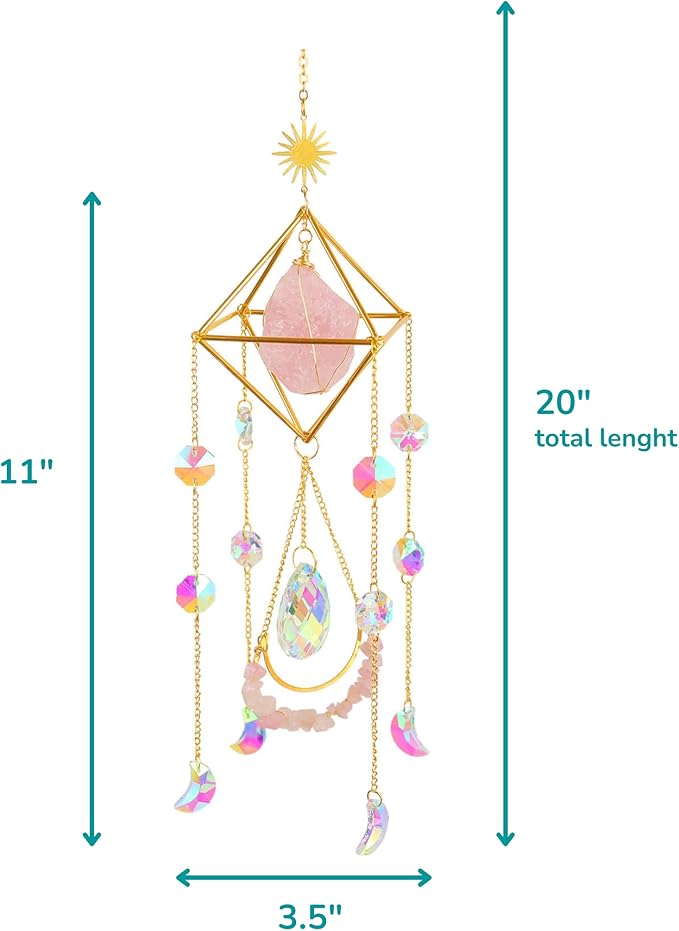 Crystal Suncatcher Rose Quartz, Spiritual, Sun Catcher Hanging for Windows, Rainbow Maker, Crystal Indoor Garden Home Decor, Natural Gemstone Boho Decor (Rose Quartz)