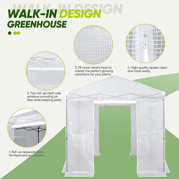 EAGLE PEAK 8x8 Portable Walk-in Greenhouse, Pop-up Indoor Outdoor Garden Green House, Zippered Doors and Windows, PE Cover, White