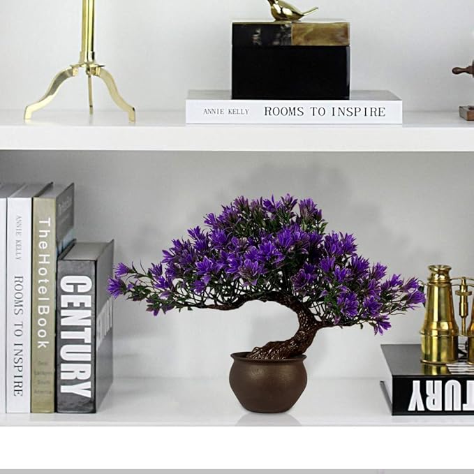 Fake Plants Plastic Artificial Bonsai Tree, Purple Room Decor Bonsai Tree for Home Bedroom Farmhouse Office Desk Decor, Tall 9.5"